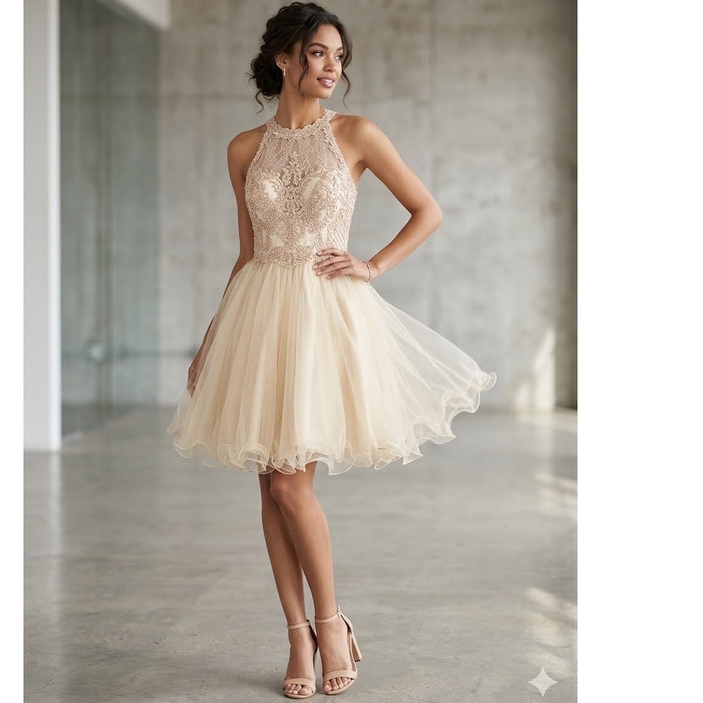 May Queen Couture Champagne Lace Rhinestone Corset Cocktail Dress Size 6 MQ1541